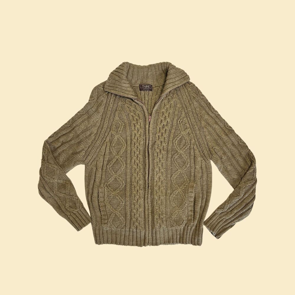 Vintage 80s cableknit sweater, size M Thane brown acrylic 1980s knit jacket